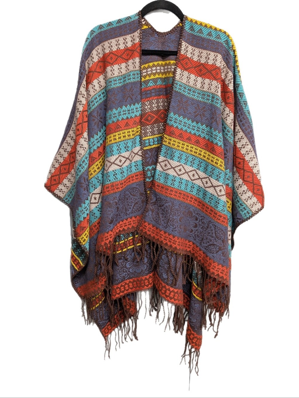 Boho Fringe Knit Poncho in Multi-Color Aztec Stripe